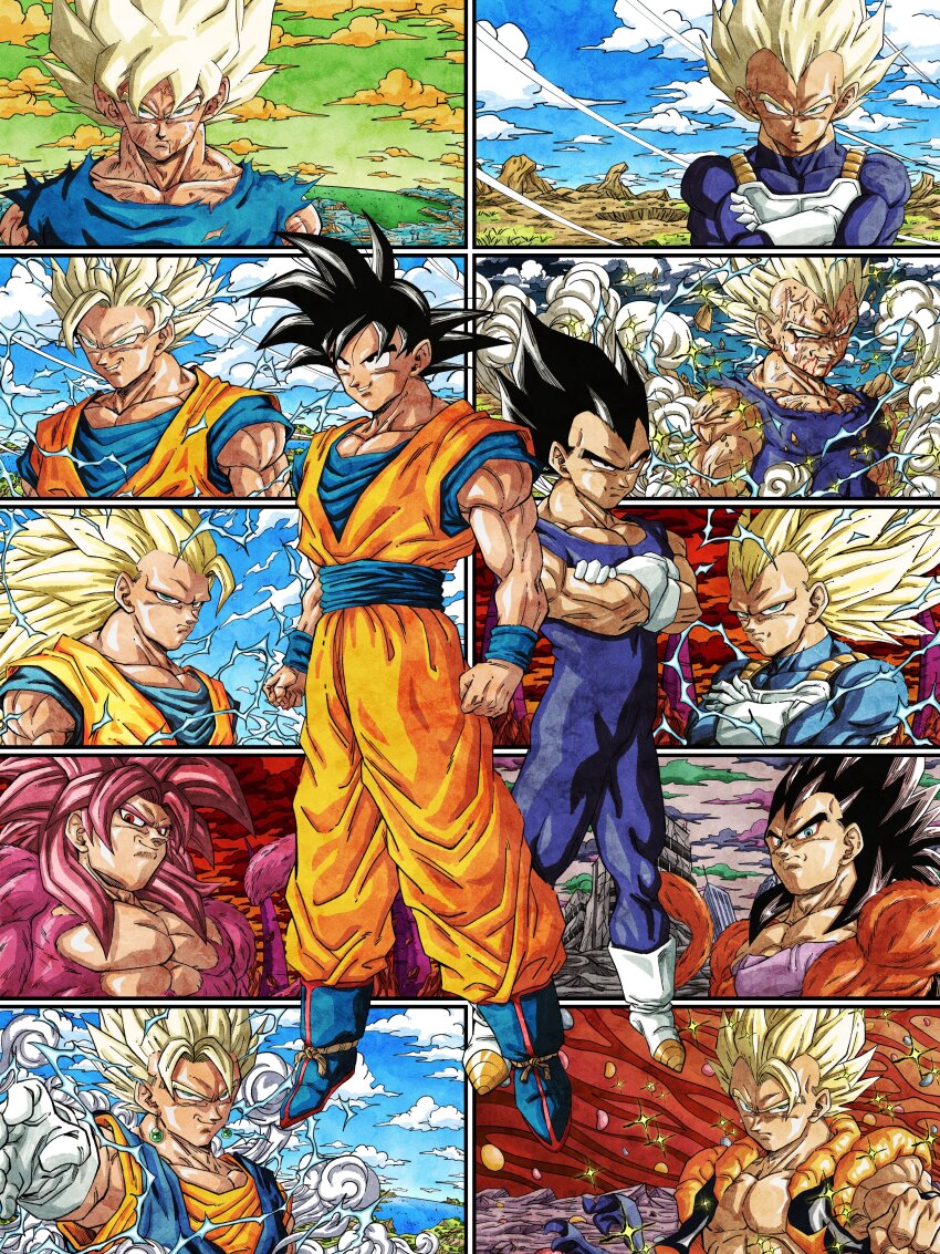 2boys absurdres black_hair black_vest blonde_hair blue_bodysuit blue_boots blue_sash blue_shirt body_fur bodysuit boots clenched_hands cropped_vest crossed_arms dougi dragon_ball dragon_ball_daima dragonball_z electricity full_body gogeta highres hiro_(udkod1ezlyi2flo) long_hair majin_vegeta male_focus medium_hair metamoran_vest monkey_tail multiple_boys multiple_views muscular muscular_male open_clothes open_vest orange_pants orange_shirt pants pink_fur red_eyes red_fur red_hair saiyan_armor sash shirt son_goku sparkle spiked_hair super_saiyan super_saiyan_1 super_saiyan_2 super_saiyan_3 super_saiyan_4 tail topless_male upper_body vegeta vegetto vest