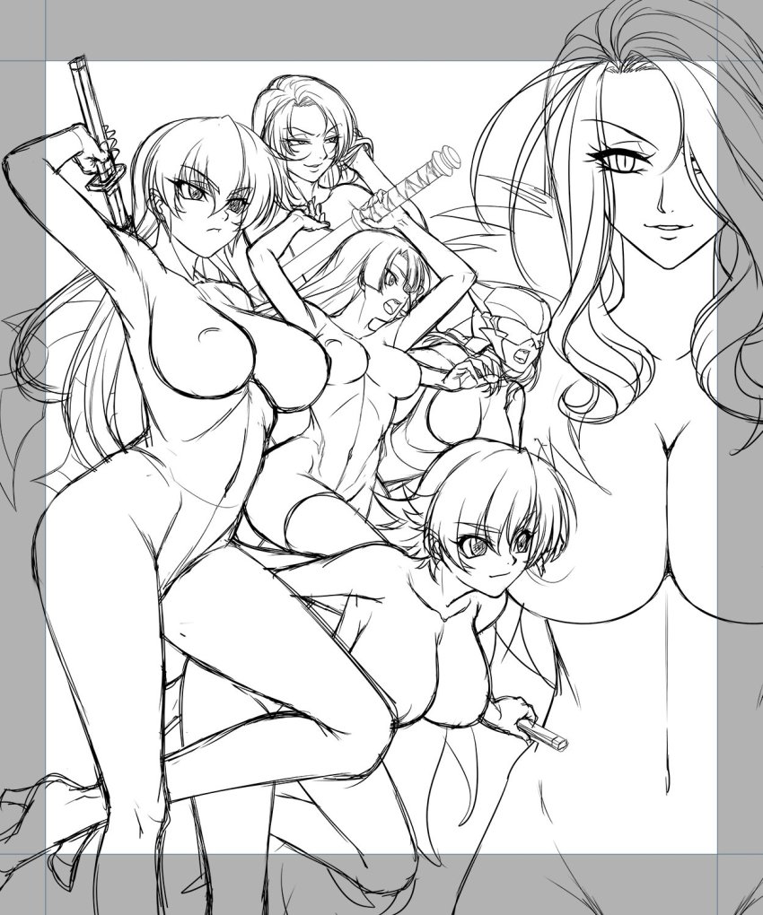 6+girls axe bare_shoulders bodysuit breasts character_request cleavage covered_erect_nipples covered_eyes covered_navel curvy dress dual_wielding epic formal_clothes full_body gloves hair_over_one_eye helmet highres hime_cut holding igawa_asagi igawa_sakura impossible_bodysuit impossible_clothes impossible_leotard kagami_hirotaka knife koukawa_oboro large_breasts leotard lilith-soft lipstick long_hair makeup monochrome multiple_girls nipples no_bra oboro_(taimanin_asagi) open_mouth outdoors parted_lips pelvic_curtain short_dress short_hair siblings simple_background sisters sketch smile snake_lady sword taimanin_(series) taimanin_asagi taimanin_asagi_zero team thick_thighs thighhighs thighs weapon white_background yatsu_murasaki