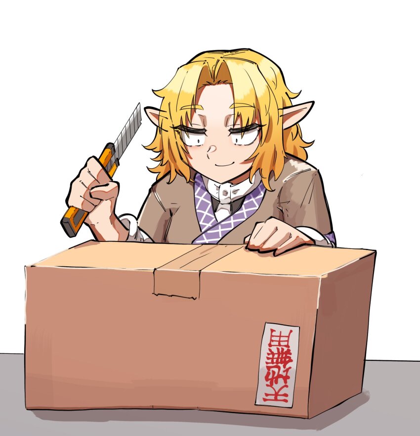 1girl blonde_hair box boxcutter brown_shirt cardboard_box closed_mouth commentary_request constricted_pupils cookie_(touhou) highres holding holding_boxcutter joker_(cookie) looking_down masking_tape medium_hair mizuhashi_parsee odoro_(nicoseiga81184094) parted_bangs pointy_ears scarf shirt smile solo touhou translated upper_body white_scarf
