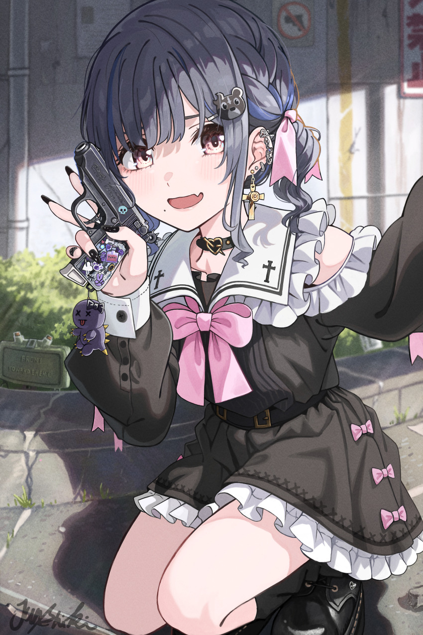 1girl :d absurdres bear_hair_ornament belt black_hair brown_eyes choker claymore_(mine) ear_piercing explosive fang fingernails gun hair_ornament handgun highres jirai_kei junshiki long_fingernails mine_(weapon) mole mole_under_mouth nail_polish open_mouth original outdoors piercing selfie skin_fang smile squatting twintails v walther walther_ppk weapon