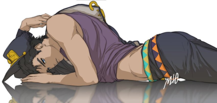 1boy belt big_mogong black_coat black_hair black_hat black_pants blue_eyes coat coat_partially_removed commentary_request feet_out_of_frame hat jojo_no_kimyou_na_bouken kuujou_joutarou looking_ahead lying male_focus midriff on_stomach pants parted_lips purple_shirt reflective_floor shirt sideburns sleeveless sleeveless_shirt solo stardust_crusaders teeth