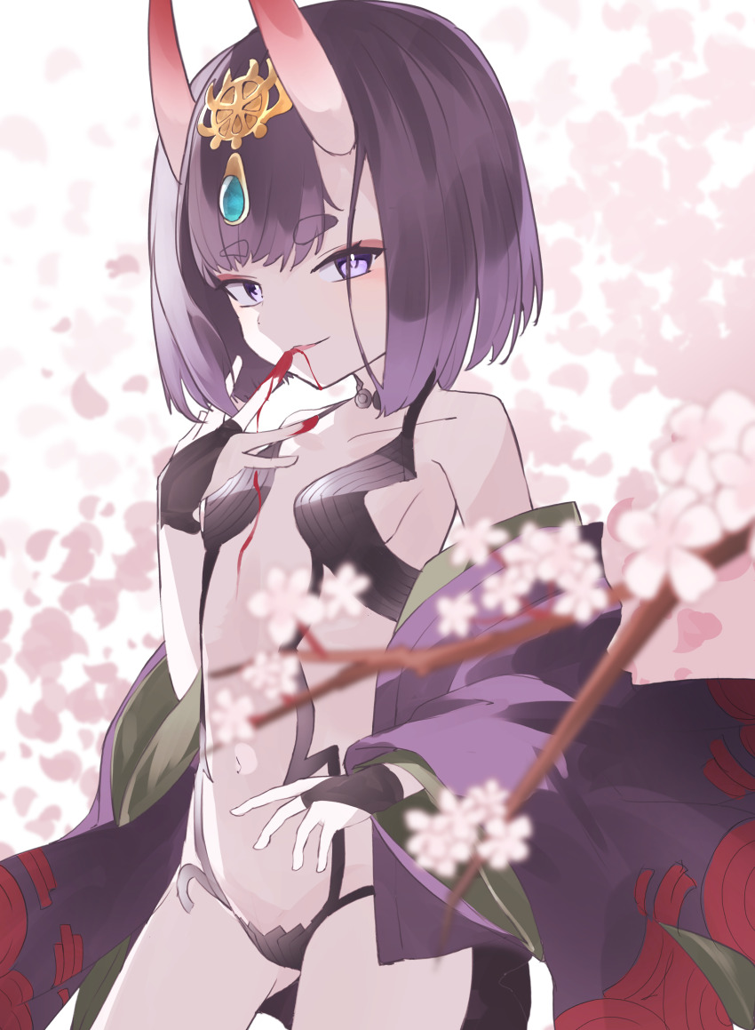 1girl absurdres bare_shoulders blood blood_on_chest blood_on_face blood_on_hands breasts eyeliner fate/grand_order fate_(series) flower hair_between_eyes hair_ornament hand_on_own_lip highres horns japanese_clothes kimono long_sleeves looking_at_viewer makeup mess_h_j navel oni open_clothes open_kimono pink_flower purple_eyes purple_hair purple_kimono red_horns revealing_clothes short_eyebrows short_hair shuten_douji_(fate) shuten_douji_(first_ascension)_(fate) skin-covered_horns small_breasts smile solo