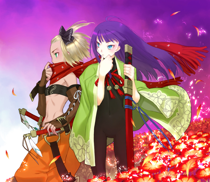 2girls 7th_dragon 7th_dragon_(series) adjusting_clothes antenna_hair baggy_pants bandeau blonde_hair blue_eyes bodysuit bow breasts buckle covered_navel elbow_gloves eyeshadow feathers fingerless_gloves flat_chest floral_print floro_(7th_dragon) flower forehead gloves glowing gradient_background green_eyes hair_bow hand_on_own_chin hatch_(7th_dragon) high_ponytail japanese_clothes kimono long_hair looking_afar makeup midriff multiple_girls navel pants petals ponytail profile purple_hair ran_(7th_dragon) ribbon rogue_(7th_dragon) sakamoto_mineji samurai_(7th_dragon) scarf sheath sheathed short_hair skin_tight small_breasts standing strapless stroking_own_chin sword tube_top underboob weapon wind