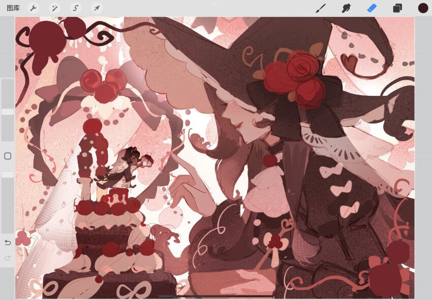 2girls art_program_in_frame black_forest_cookie bouquet bowl brown_hair brown_hat cake candle_cake_242 commentary_request cookie_run cookie_run:_kingdom design_speculation flower food hat heart highres holding holding_bouquet holding_bowl juliet_sleeves korean_commentary long_hair long_sleeves mini_person minigirl multiple_girls puffy_sleeves spoon the_witch_(cookie_run) witch witch_hat
