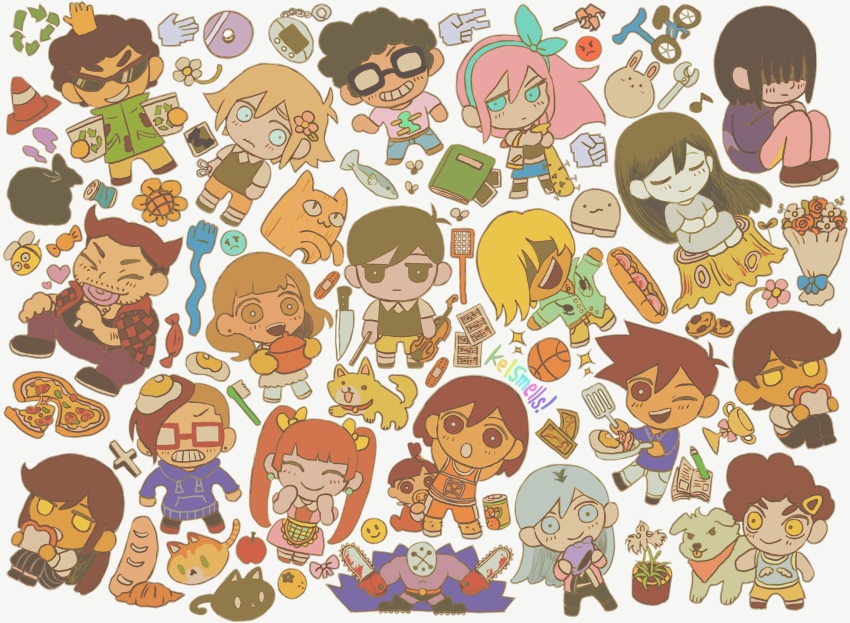 6+boys 6+girls angel_(omori) arrow_(symbol) aubrey_(faraway)_(omori) aubrey_(omori) baguette ball bandaid baseball_bat basil_(faraway)_(omori) basil_(omori) basketball_(object) bee bicycle big_yellow_cat_(omori) black_skirt black_sweater_vest blonde_hair blue_eyes blue_hair blue_hairband blue_hoodie blue_shirt blunt_bangs bouquet bow_(music) bowen_(omori) bread bright_pupils brown_eyes brown_hair brown_shorts bug candy cat chainsaw closed_eyes closed_mouth collared_shirt colored_skin cris_(omori) daphne_(omori) dark-skinned_female dark-skinned_male dark_skin dog ear_piercing expressionless flower flower_pot food food_on_head fried_egg frying_pan gardening_shears glasses green_jacket green_sweater_vest grin hair_flower hair_ornament hair_over_one_eye hairband hector_(omori) highres holding holding_baseball_bat holding_bow_(music) holding_candy holding_chainsaw holding_food holding_frying_pan holding_instrument holding_lollipop holding_seashell holding_spatula holding_violin hood hoodie insect instrument jacket jackson_(omori) jash_(omori) kel_(faraway)_(omori) kel_(omori) kim_(omori) knife lollipop long_hair long_skirt long_sleeves looking_at_viewer mari_(faraway)_(omori) mari_(omori) mewo mikhael_(omori) milkymilkyshark miss_candice_(omori) multiple_boys multiple_girls musical_note nail nail_(hardware) nail_bat object_on_head omori one_eye_closed open_mouth orange_shorts oven_mitts pacifier pants parted_lips pedro_(omori) photo_(object) piercing pink_hair pizza pleated_skirt polly_(omori) purple_pants rectangular_eyewear recyclepath_(omori) recycling_symbol red-framed_eyewear sally_(omori) sandwich scribble seashell sheet_music shell shirt short_hair short_sleeves shorts sitting sitting_on_tree_stump skirt smile socks spatula spelling_bee_(omori) sunglasses sweater_vest swept_bangs teeth toothbrush traffic_cone trash_bag vance_(omori) violin white_pupils white_shirt white_skin white_socks wrench yellow_eyes