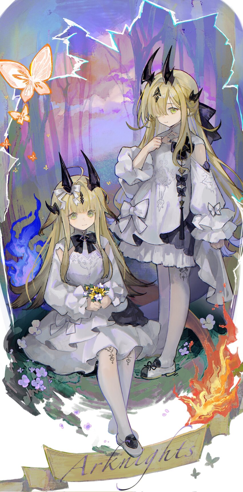 2girls absurdres aged_down arknights black_horns blonde_hair blue_fire bug butterfly closed_mouth commentary copyright_name corrupted_twitter_file dress english_commentary fire flame-tipped_tail flower full_body green_eyes grey_dress grey_pantyhose hair_over_one_eye hand_on_own_chest highres holding holding_flower horns insect long_hair long_sleeves multiple_girls necrass_(arknights) one_eye_covered orange_butterfly pantyhose purple_fire reed_(arknights) siblings sisters sitting smile standing tail tassel white_flower yellow_flower yezhi_dun_luobei