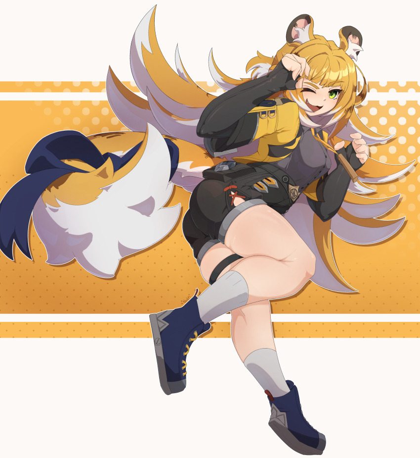 1girl absurdres animal_ears artist_request ass blonde_hair boots bow breasts cropped_jacket elbow_gloves fingerless_gloves from_side gloves green_eyes highres ju_fufu leaning leaning_forward long_hair looking_at_viewer one_eye_closed open_mouth paw_pose short_shorts shorts smile solo tail tail_bow tail_ornament thick_thighs thigh_strap thighs tiger_ears tiger_girl tiger_tail very_long_hair wink zenless_zone_zero