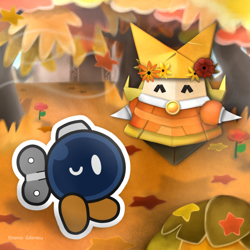 1girl ^_^ artist_name autumn bad_id bad_tumblr_id bird blonde_hair bobby_(paper_mario) brown_shoes bush closed_eyes commentary day dress elbow_gloves emma_gibney english_commentary floating flower forest fur-trimmed_dress fur_trim gloves happy hat hat_flower highres japanese_white-eye long_hair mario_(series) nature nintendo olivia_(paper_mario) one_eye_closed orange_dress orange_flower origami outdoors paper paper_mario paper_mario:_the_origami_king puffy_short_sleeves puffy_sleeves red_flower shadow shoes short_dress short_sleeves solid_oval_eyes standing star_(symbol) textless_version white_gloves winding_key yellow_brooch yellow_flower yellow_hat