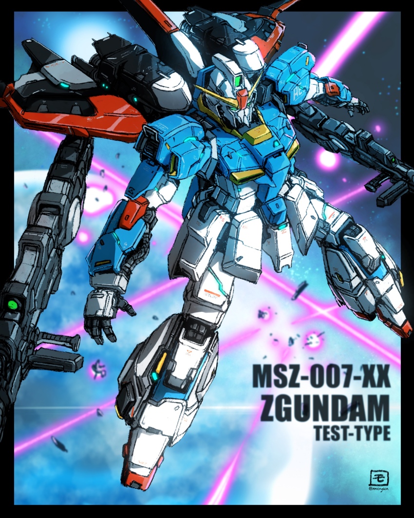 absurdres anaheim_electronics artist_logo beam_rifle black_border border character_name commentary_request earth_(planet) energy_gun explosion flying full_body green_eyes gundam highres laser legs_apart logo mecha mecha_focus mobile_suit moyan no_humans open_hands original outside_border outstretched_arms planet procreate_(medium) redesign robot science_fiction solo space spread_arms twitter_username v-fin weapon zeta_gundam zeta_gundam_(mobile_suit)