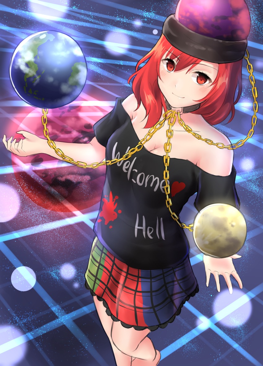 &gt;:) 1girl bad_id bad_pixiv_id bare_shoulders black_shirt blush breasts chain cleavage clothes_writing collar collarbone dutch_angle earth_(ornament) english_text female_focus hecatia_lapislazuli highres long_hair looking_at_viewer miniskirt moon_(ornament) multicolored_skirt off-shoulder_shirt off_shoulder red_eyes red_hair shirt skirt smile solo t-shirt touhou tsurime ucukrtz v-shaped_eyebrows