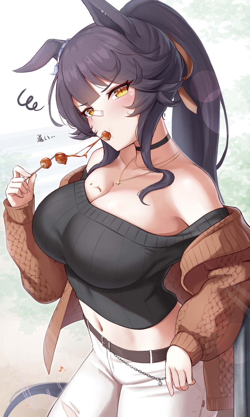 1girl absurdres animal_ears bandaid bandaid_on_face bandaid_on_nose black_choker black_hair black_shirt blush breasts brown_cardigan cardigan chain choker commentary_request dango ear_blush eating food food_in_mouth highres holding holding_skewer horse_ears horse_girl horse_tail jewelry large_breasts long_hair long_sleeves looking_at_viewer midriff mitarashi_dango narita_brian_(umamusume) navel necklace off_shoulder open_cardigan open_clothes pants ponytail shinonome_(shinonome_rynn) shirt skewer solo star_(symbol) star_necklace tail umamusume wagashi white_pants yellow_eyes