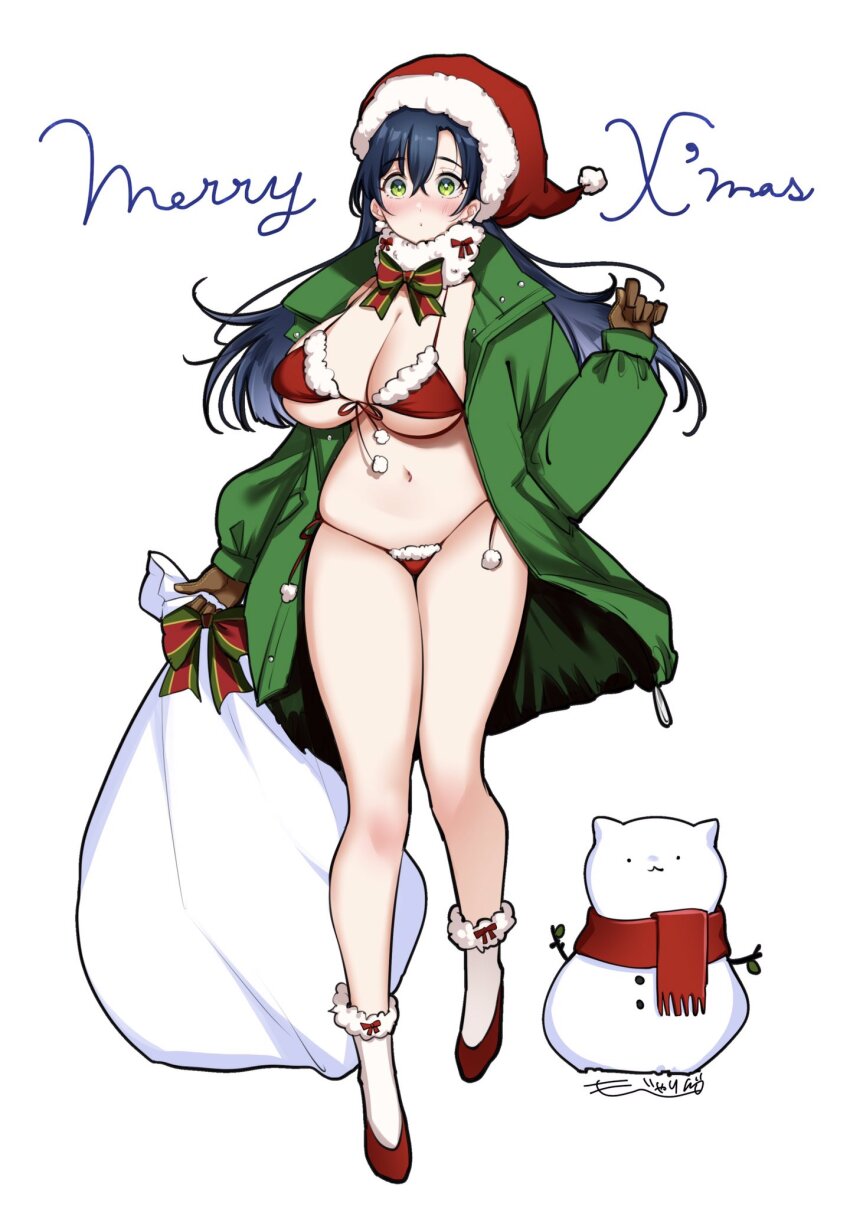 1girl bikini blue_hair blush bow breasts brown_gloves christmas coat collarbone embarrassed english_text full_body fur-trimmed_headwear fur_trim gloves green_coat green_eyes hair_between_eyes hair_bow hand_up hat high_heels highres holding holding_sack huge_breasts long_hair long_sleeves looking_at_viewer merry_christmas mojarin_(kihara_mojarin) nadeshiko-san_just_can&#039;t_say_no! nadeshiko_(nadeshiko-san_just_can&#039;t_say_no!) navel open_clothes open_coat red_bikini red_hat red_shoes sack santa_bikini santa_costume santa_hat shoes sidelocks signature simple_background snowman socks solo standing swimsuit tareme thighhighs white_background white_socks wide-eyed