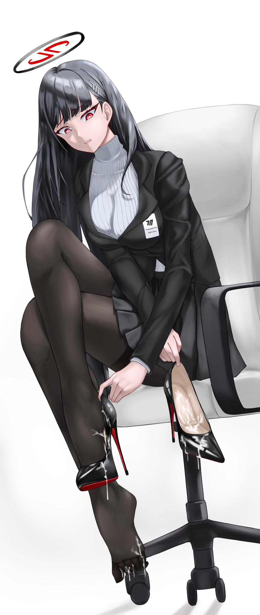 1girl absurdres arme_(pixiv_41362141) black_hair black_jacket black_pantyhose black_shoes black_skirt blazer blue_archive breasts chair commentary_request crossed_legs cum cum_on_body cum_on_feet cum_on_shoe hair_ornament hairclip halo high_heels highres jacket large_breasts long_hair pantyhose parted_lips pleated_skirt red_eyes ribbed_sweater ringed_eyes rio_(blue_archive) shoes simple_background sitting skirt solo sweater turtleneck turtleneck_sweater unworn_shoe variant_set white_background white_sweater