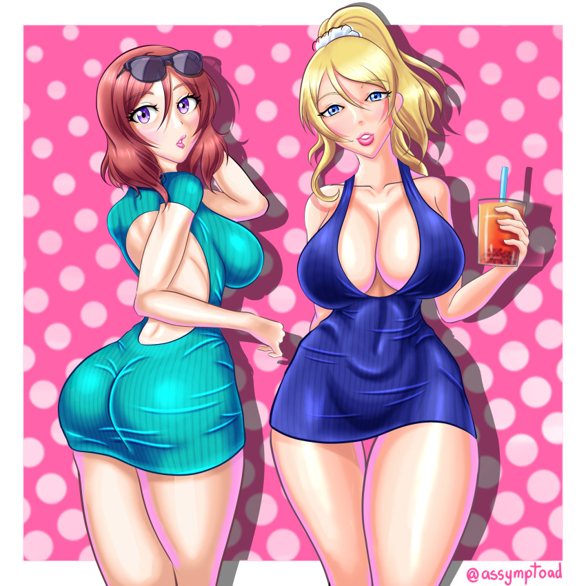 2girls :o absurdres ass ass_focus assymptoad ayase_eli backless backless_dress backless_outfit blonde_hair blue_dress blush breasts bubble_tea cleavage collarbone dress drink green_dress highres large_breasts lipgloss lipstick looking_at_viewer love_live! makeup multiple_girls nishikino_maki open_mouth ponytail purple_eyes red_hair short_dress short_hair sunglasses thigh_gap tight_clothes tight_dress wide_hips