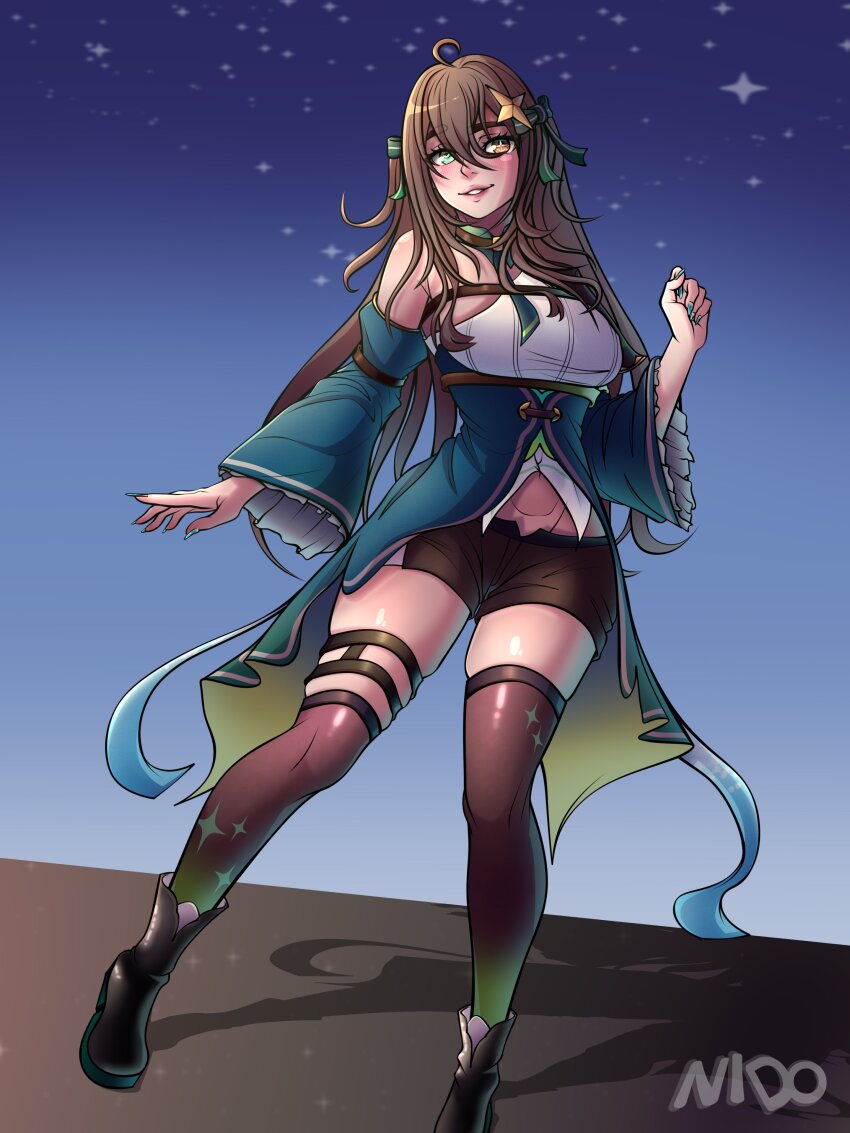 1girl absurdres affternido arm_at_side artist_name black_boots blush boots breasts brown_eyes brown_hair brown_shorts brown_thighhighs cape detached_sleeves eyebrows eyelashes female_focus fingernails full_body gradient_clothes green_cape green_eyes green_nails green_sleeves green_thighhighs grin hair_ornament hand_up heterochromia highres chromashift large_breasts long_fingernails long_hair long_sleeves looking_at_viewer meica_(vtuber) meica_(vtuber)_(1st_costume) nail_polish night night_sky official_alternate_hairstyle parted_lips shirt shorts single-shoulder_shirt sky smile solo standing star_(symbol) star_hair_ornament teeth thigh_strap thighhighs two-tone_thighhighs two_side_up virtual_youtuber waist_cape watermark white_shirt wide_sleeves