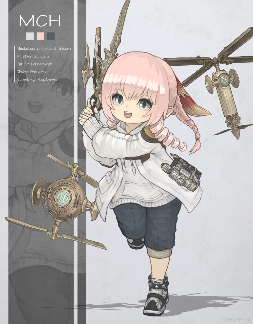 1girl absurdres black_sweater blue_eyes braid braided_ponytail denim denim_shorts drill_hair drone english_text eyebrows_hidden_by_hair final_fantasy final_fantasy_xiv flat_chest full_body gun hair_between_eyes highres holding holding_gun holding_weapon hood hoodie lalafell machinist_(final_fantasy) multiple_views open_mouth pink_hair pointy_ears puluie shoes shorts simple_background smile sneakers standing standing_on_one_leg sweater teeth twin_drills upper_teeth_only walking warrior_of_light_(ff14) weapon white_hoodie