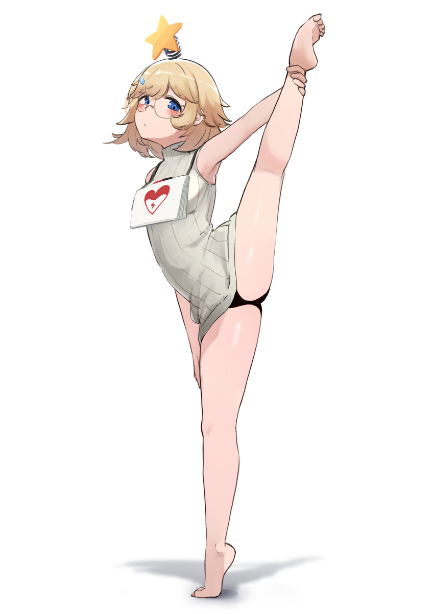 1girl absurdres arm_up armpits black_panties blonde_hair blue_eyes blush daebom full_body girls&#039;_frontline girls&#039;_frontline_2:_exilium hair_ornament hairclip highres littara_(girls&#039;_frontline_2) panties round_eyewear simple_background split standing standing_on_one_leg standing_split star_(symbol) star_hair_ornament sweater underwear white_background wkp_(girls&#039;_frontline)