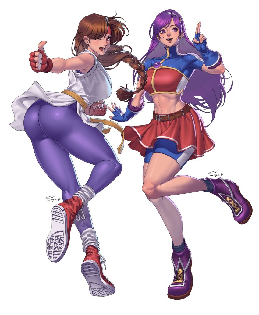 2girls asamiya_athena ass bike_shorts_under_skirt blue_shirt braid breasts brown_eyes brown_hair dougi fingerless_gloves gloves highres large_breasts legs long_hair martial_arts_belt midriff multiple_girls one_eye_closed open_mouth pants purple_eyes purple_hair purple_pants red_skirt ryuuko_no_ken shirt skirt smile snk superbull teeth the_king_of_fighters the_king_of_fighters_2002 thighs toned tongue wink yuri_sakazaki