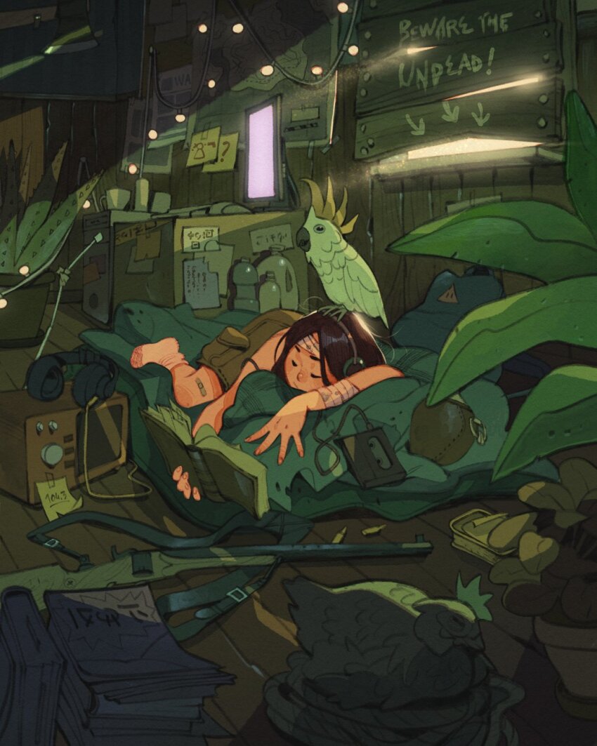 1girl aloe_(plant) animal animal_on_head armband backpack bag bandaged_arm bandaged_head bandages bandaid bandaid_on_leg bird bird_on_head black_hair blanket blue_bag boarded_windows book bottle cargo_shorts cassette_player chicken closed_eyes closed_mouth cup curled_up day english_text green_blanket green_shorts green_theme gun headphones headphones_removed highres holding holding_book indoors map monitor mug on_blanket on_head open_book original parakeet plant potted_plant radio radio_antenna rifle rope shorts simz sleeping slice_of_life socks solo sticky_note string_of_light_bulbs succulent_plant weapon white_socks window wooden_floor wooden_wall