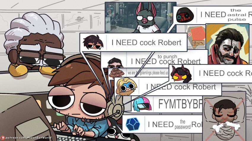 bat_boy beard_stubble bed beef_(dispatch) black_hair blonde_blazer blonde_hair blue_shirt broken_bone brown_hair chase_(dispatch) closed_eyes collared_shirt colored_skin commentary computer computer_keyboard coupe_(dispatch) cr1tikal dark-skinned_male dark_skin demon_girl demon_horns disco_elysium dispatch dog domino_mask english_commentary eye_mask facial_hair flambae_(dispatch) gameplay_mechanics golem_(dispatch) grey_hair headset highres horns invisigal_(dispatch) malevola_(dispatch) mask meme miyan_(oceanmaiden) phenomaman_(dispatch) pillow prism_(dispatch) punch_up_(dispatch) red_skin retsu_kaioh&#039;s_head_lying_in_a_hospital_bed_(meme) robert_robertson shirt shroud_(dispatch) sonar_(dispatch) stubble yellow_eyes yellow_shirt