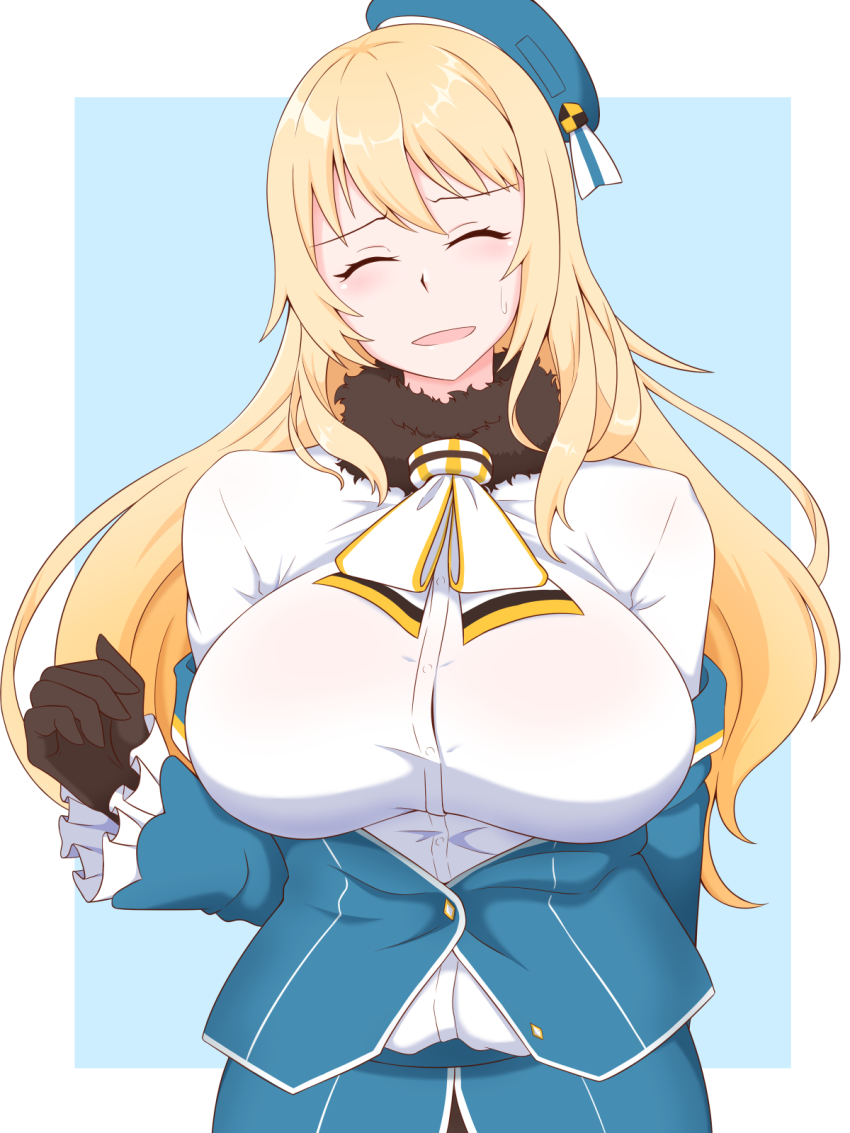 1girl ascot atago_(kancolle) beret black_gloves blonde_hair blue_hat blue_jacket breasts closed_eyes frilled_sleeves frills gloves hat highres jacket kantai_collection lactone large_breasts long_hair military military_uniform off_shoulder shirt solo white_ascot white_shirt