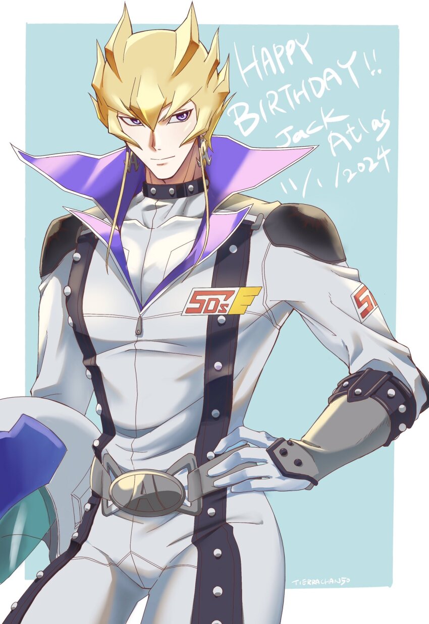 1boy belt_buckle blonde_hair blue_background bodysuit border buckle character_name cowboy_shot english_text happy_birthday helmet highres holding holding_helmet jack_atlas letter_earrings male_focus simple_background solo tierrachan50 unworn_headwear unworn_helmet white_bodysuit white_border white_helmet yu-gi-oh! yu-gi-oh!_5d&#039;s