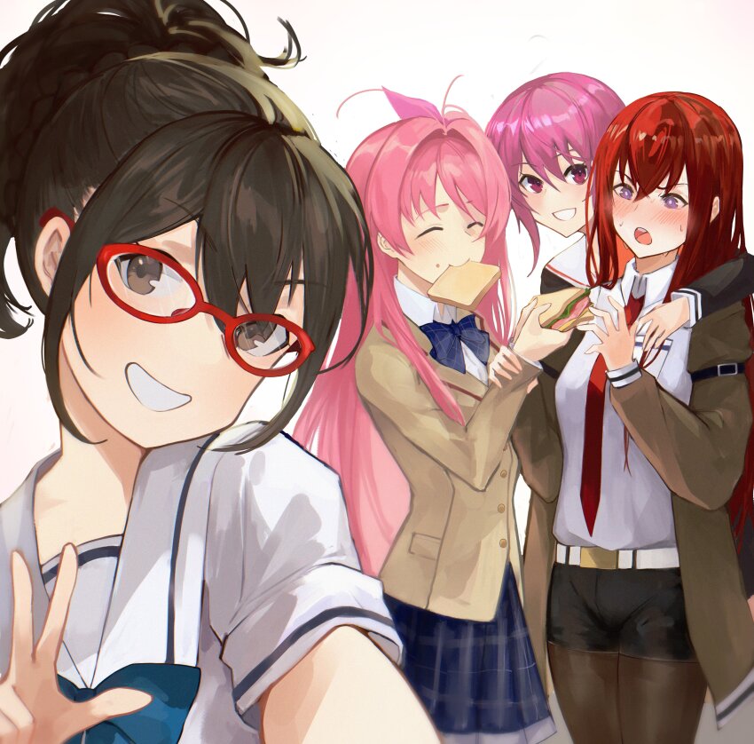 4girls absurdres angry antenna_hair belt black_pantyhose black_shorts blazer blue_bow blush bow bowtie bread bread_slice breasts brown_eyes brown_hair brown_jacket chaos;child chaos;head chest_bow chuo_tanegashima_high_school_uniform closed_eyes collared_shirt dress ears_visible_through_hair food food_in_mouth glasses grin hair_between_eyes hair_bow hekiho_academy hekiho_academy_school_uniform highres hug in-franchise_crossover jacket lapels long_hair long_sleeves looking_at_viewer makise_kurisu miniskirt mouth_hold multiple_girls necktie notched_lapels onoe_serika open_mouth pantyhose pantyhose_under_shorts parted_lips pink_eyes pink_hair plaid_bow plaid_bowtie plaid_clothes plaid_skirt pleated_skirt purple_eyes red-framed_eyewear red_hair red_necktie red_trim ribbon robotics;notes sailor_collar sakihata_rimi school_uniform selfie senomiya_akiho serafuku shibuya_(tokyo) shirt short_hair short_hair_with_long_locks short_sleeves shorts sidelocks skirt smile steins;gate suimei_academy suimei_school_uniform teeth toast toast_in_mouth tokyo_(city) tongue upper_teeth_only white_petticoat white_shirt yotsutsu428