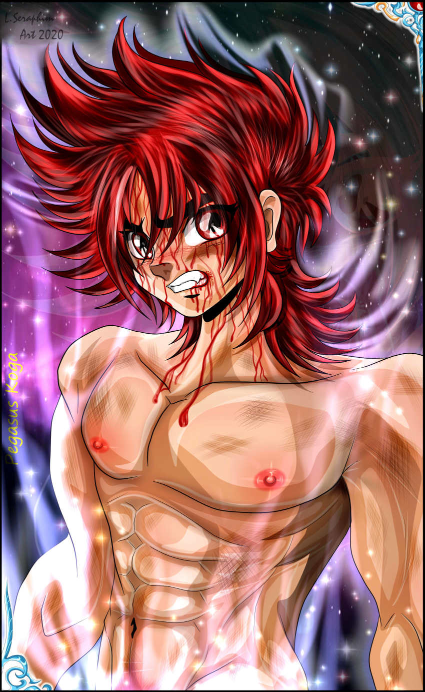 abs absurdres bara blood blood_on_face highres lseraphim male_chest male_focus nipples male_pubic_hair muscular muscular_arms muscular_male navel pectorals pegasus_koga pubic_hair red_eyes red_hair saint_seiya saint_seiya_omega yaoi