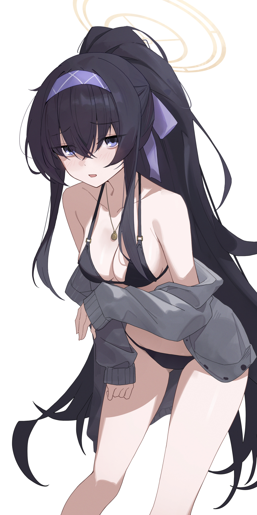 1girl absurdres bare_shoulders bikini black_bikini black_hair blue_archive blue_eyes blush breasts collarbone grey_sweater hairband halo highres jewelry long_hair long_sleeves looking_at_viewer necklace open_clothes open_mouth ponytail sidelocks small_breasts solo sukaliya sweater swimsuit thighs ui_(blue_archive) ui_(swimsuit)_(blue_archive) very_long_hair