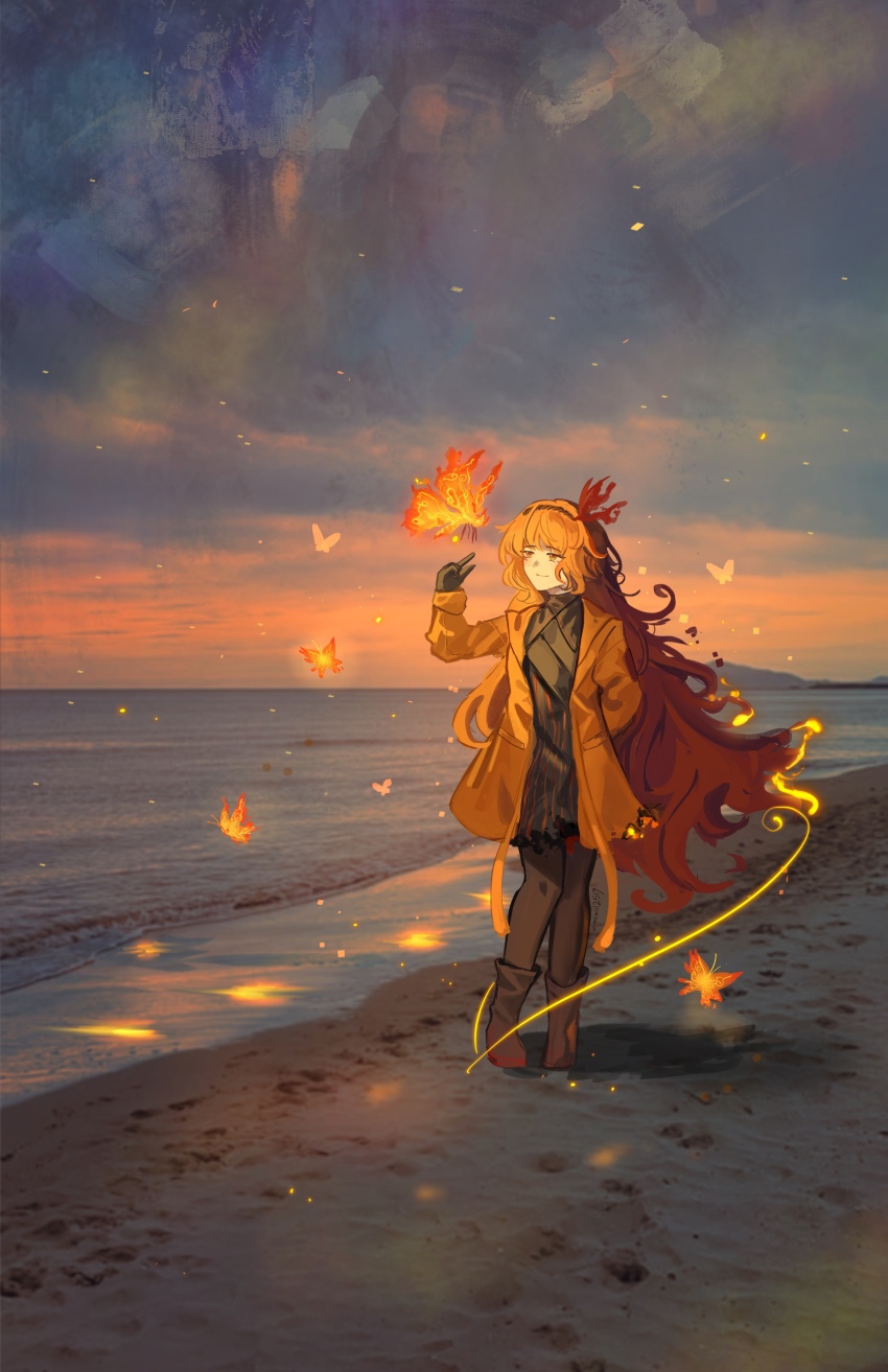 1girl absurdres ardor_blossom_moth ardor_blossom_star_(e.g.o) arm_behind_back beach black_boots black_dress black_gloves boots bug butterfly butterfly_hair_ornament coat dress e.g.o_(project_moon) embers footprints full_body gloves hair_ornament headband highres horizon index_finger_raised insect ishid0ru ishmael_(project_moon) knees_together_feet_apart light_particles limbus_company long_hair ocean open_clothes open_coat orange_butterfly orange_coat orange_eyes orange_hair project_moon reaching smile solo sunset too_many too_many_butterflies very_long_hair