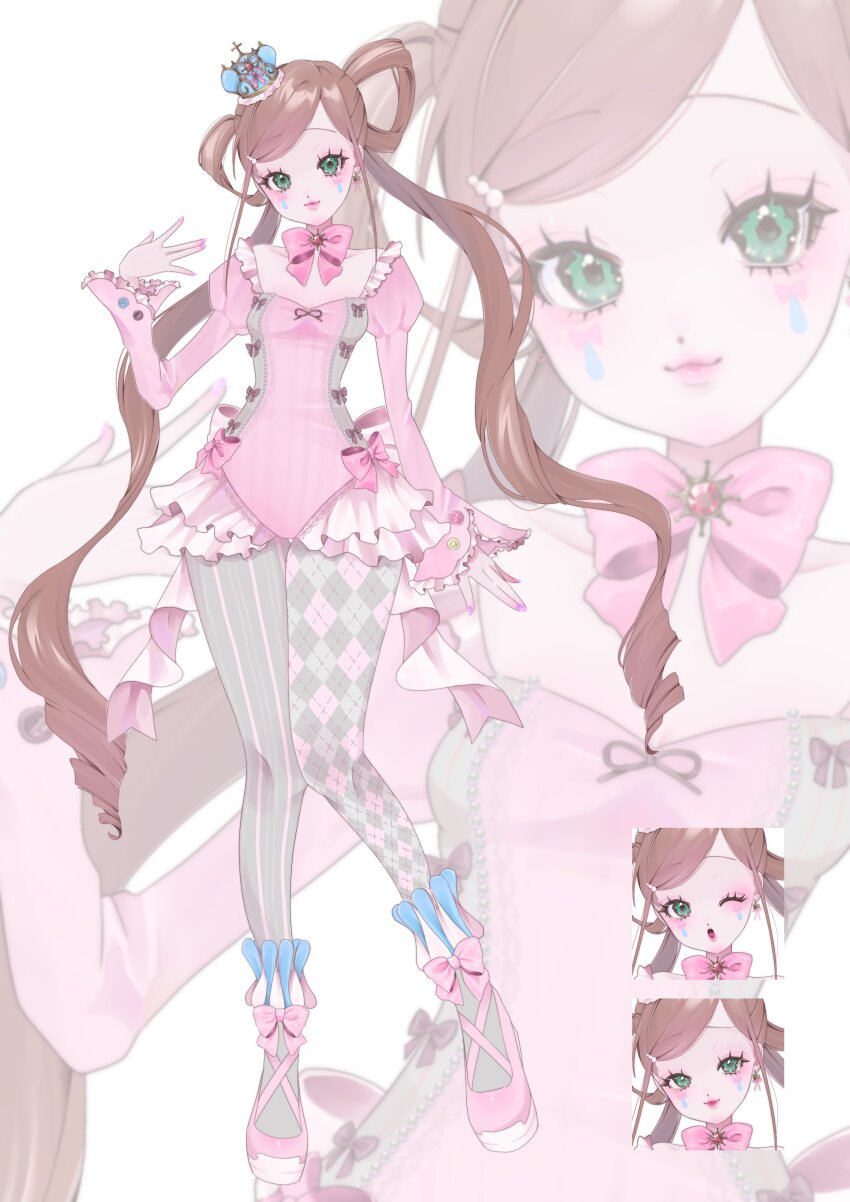1girl absurdres bow brown_hair green_eyes highres leotard pink_bow pink_leotard pink_shoes shoes