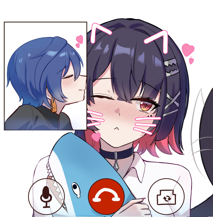 2girls absurdres belle_(zenless_zone_zero) black_choker black_hair blue_hair choker collared_shirt colored_inner_hair commentary earrings ellen_joe ellen_joe_(on_campus) fins fish_tail heart highres holding holding_stuffed_toy jewelry kiss mole mole_under_eye multicolored_hair multiple_girls one_eye_closed orange_eyes razor_blade_hair_ornament shark_tail shirt short_hair stuffed_animal stuffed_toy symbol-only_commentary tail upper_body white_shirt yuri zenless_zone_zero zysora