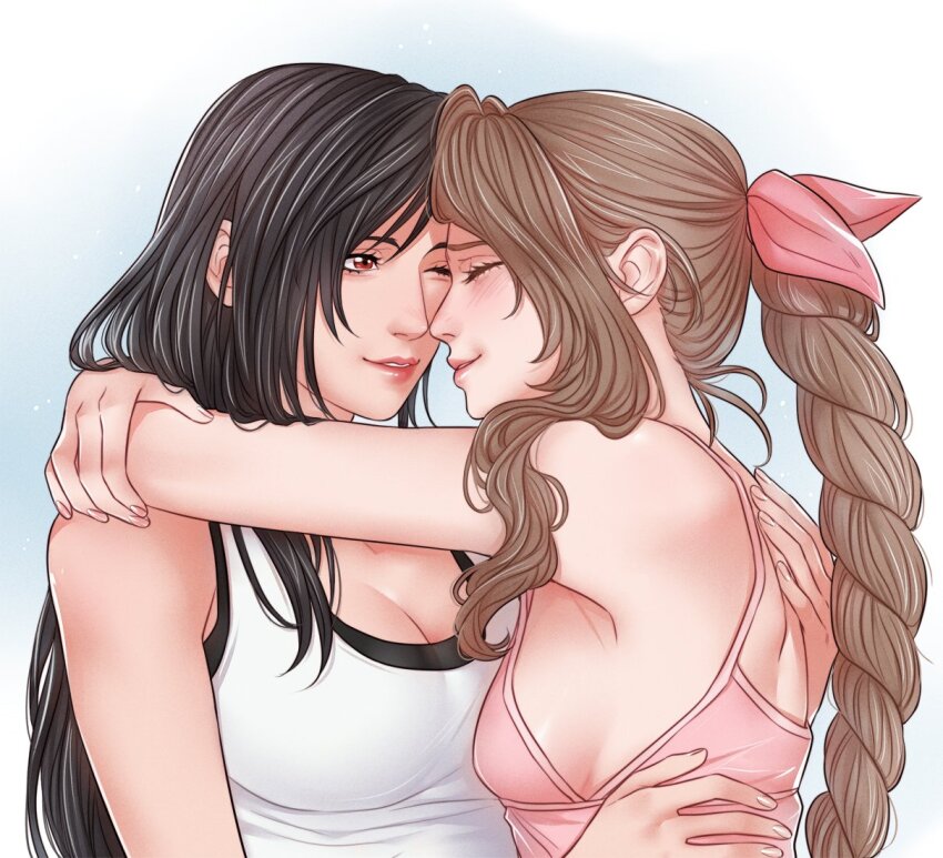 2girls aerith_gainsborough arms_around_neck bare_shoulders black_bra black_hair bra braid braided_ponytail breasts brown_hair cleavage closed_eyes crylin6 dress final_fantasy final_fantasy_vii final_fantasy_vii_rebirth final_fantasy_vii_remake hair_ribbon hug large_breasts long_hair medium_breasts multiple_girls noses_touching one_eye_closed parted_bangs parted_lips pink_dress pink_ribbon red_eyes ribbon shirt sideboob sidelocks single_braid sleeveless sleeveless_dress sleeveless_shirt smile sports_bra tifa_lockhart underwear upper_body white_shirt yuri