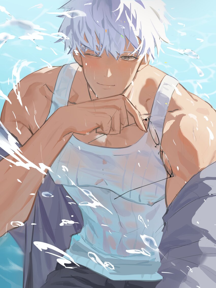 1boy absurdres archer_(fate) archer_(summer_casual)_(fate) blush covered_abs dark-skinned_male dark_skin fate/grand_order fate_(series) highres male_focus muscular muscular_male open_clothes open_shirt pectorals shirt wet wet_clothes white_hair white_shirt ya_gga