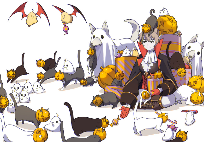 1boy animal animal_on_head ascot azur_lane bat_(animal) bat_wings bird black_cat boots brown_hair candy candy_cane cat cosplay food ghost gloves halloween halloween_costume hatski.sin highres jack-o&#039;-lantern jean_bart_(azur_lane) lollipop male_focus manjuu_(azur_lane) on_head pumpkin red_gloves simple_background sitting too_many white_background wings