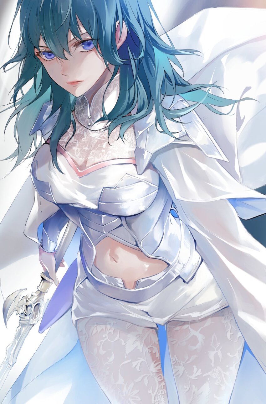1girl alternate_color armor blue_eyes blue_hair breasts cape cleavage closed_mouth clothing_cutout commentary_request female_byleth_(fire_emblem) fire_emblem fire_emblem:_three_houses hair_between_eyes highres large_breasts looking_at_viewer medium_hair navel navel_cutout nintendo pantyhose shorts solo stomach white_armor white_cape white_shorts zat_296