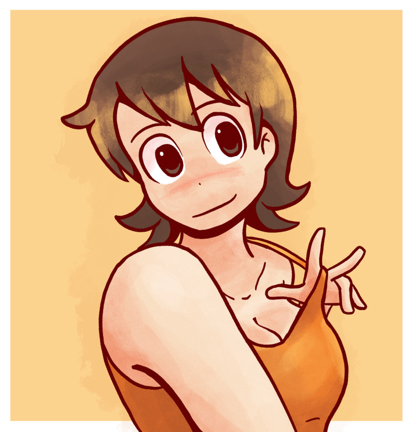 1girl aioi_yuuko bare_shoulders blush breasts brown_hair cleavage closed_mouth collarbone dot_nose dozo_gon highres large_breasts looking_to_the_side nichijou orange_background orange_shirt shirt short_hair simple_background sleeveless sleeveless_shirt smile solo strap_pull upper_body v