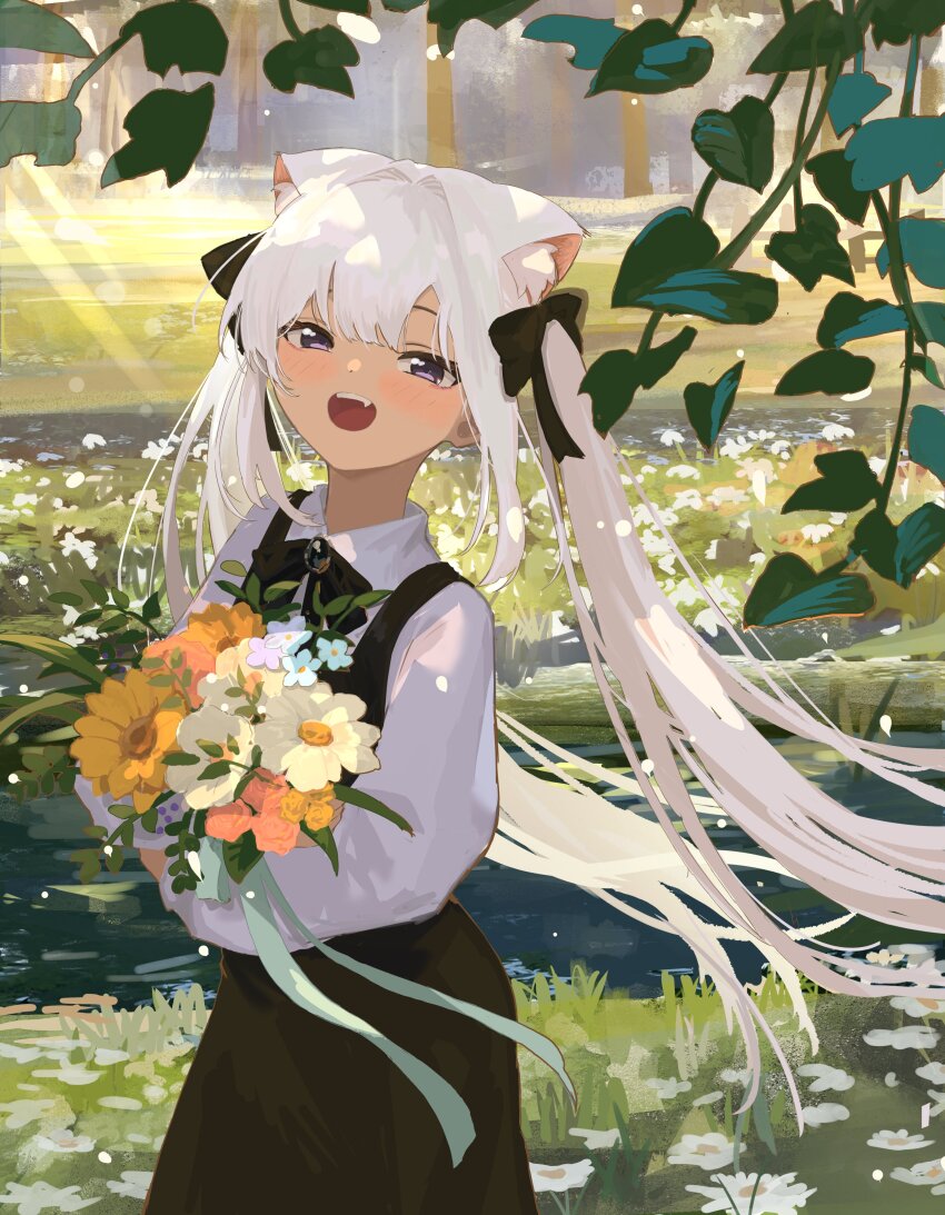 1girl absurdres animal_ear_fluff animal_ears black_bow black_bowtie black_overalls blue_flower blush bouquet bow bowtie cat_ears collared_shirt cowboy_shot day dot_nose fang flower green_ribbon hair_bow hair_intakes highres holding holding_bouquet kgt_(pixiv12957613) lake leaf light_rays long_hair open_mouth original outdoors overall_skirt overalls plant purple_eyes red_flower red_rose ribbon rose shirt solo sunbeam sunlight teeth tree twintails upper_teeth_only white_flower white_hair white_shirt yellow_flower
