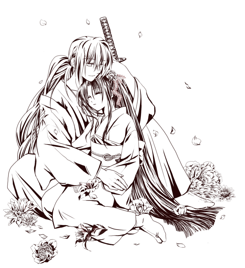 1boy 1girl couple closed_eyes flower greyscale highres himura_kenshin japanese_clothes kamiya_kaoru kimono long_hair monochrome ponytail rurouni_kenshin sayaka_(artist) sleeping sword tabi weapon