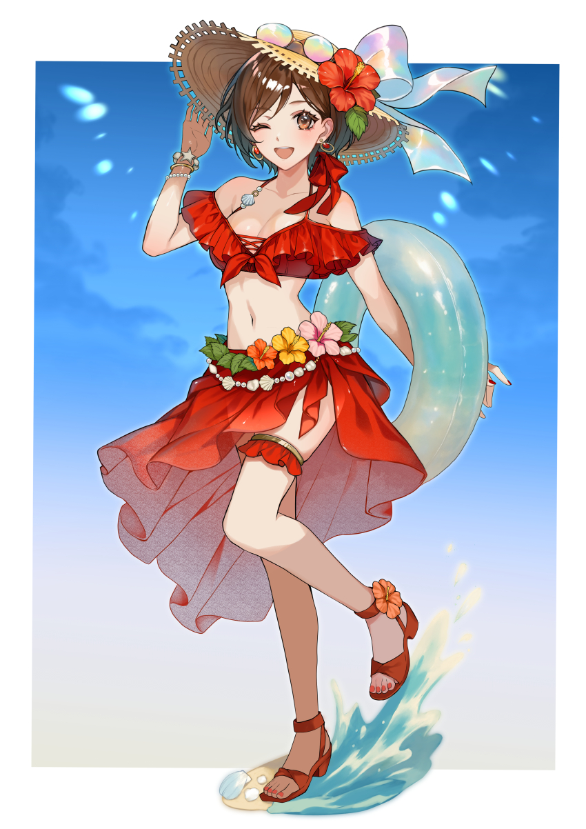 1girl absurdres beach benisaki border bracelet breasts brown_eyes brown_hair cleavage collarbone commentary earrings flower full_body hair_ornament happy hat hat_flower highres innertube jewelry looking_at_viewer meiko_(vocaloid) midriff multiple_bracelets nail_polish navel one_eye_closed open_mouth sandals sarong shell short_hair skirt smile solo standing standing_on_one_leg straw_hat sun_hat sunglasses swim_ring swimsuit thigh_strap toenail_polish toenails vocaloid white_border