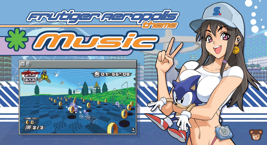 1girl 3d_background absurdres arm_under_breasts artist_logo baseball_cap blue_hat breasts cityscape commentary copyright_logo crop_top drop_shadow earbuds earphones earrings english_commentary english_text game_screenshot_inset globe hand_up hat heart highres holding holding_stuffed_toy jewelry large_breasts logo long_hair looking_at_viewer looking_to_the_side low_poly merchandise mixed_media music_player navel no_pants octagram original pink_eyes sega shirt sidelocks smiley_face_earrings solo sonic_(series) sonic_the_hedgehog standing stuffed_animal stuffed_toy system_st91 thong upper_body urban user_interface v white_background white_shirt window_(computing) wireframe