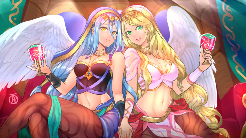 2girls alternate_costume angel_wings artist_logo azura_(fire_emblem) azura_(hatari)_(fire_emblem) bad_id bad_imgur_id bare_shoulders blonde_hair blue_hair breasts capelet choker cleavage closed_mouth cup detached_collar fire_emblem fire_emblem:_radiant_dawn fire_emblem_fates fire_emblem_heroes gold_trim green_eyes habit highres holding holding_cup holding_hands jewelry leanne_(fire_emblem) leanne_(hatari)_(fire_emblem) logo midriff multiple_girls navel necklace nintendo off-shoulder_shirt off_shoulder official_alternate_costume open_mouth pantyhose pelvic_curtain print_legwear print_pantyhose revolverwing shirt smile strapless white_wings wings yellow_eyes