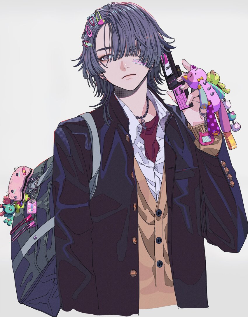 1boy absurdres akiakane animal_charm bag black_jacket blue_hair brown_vest cellphone charm_(object) cropped_torso earrings grey_eyes hair_ornament hairclip head_tilt highres holding holding_phone hoop_earrings jacket jewelry lips looking_to_the_side male_focus medium_hair mole mole_under_eye mole_under_mouth necklace original patch phone piercing push-button red_shirt shirt shoulder_bag simple_background slide_phone straight-on swept_bangs t-shirt unbuttoned_jacket vest white_background white_shirt