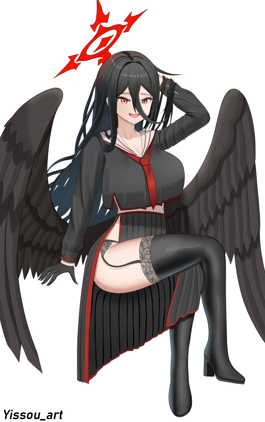 1girl absurdres black_wings blue_archive breasts crossed_legs feathered_wings halo hasumi_(blue_archive) highres huge_breasts oversized_wings long_hair long_skirt looking_at_viewer low_wings open_mouth red_halo sitting skirt smile solo twitter_username white_background wings yissou_art