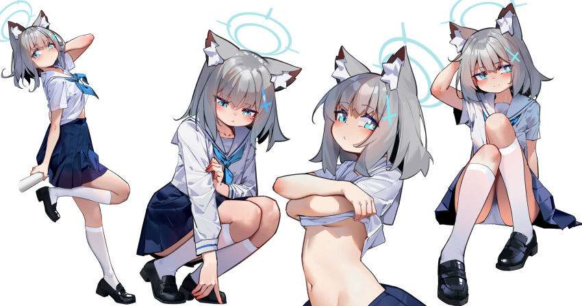 1girl absurdres alternate_costume animal_ear_fluff animal_ears black_shoes blue_archive blue_neckerchief blue_skirt blush closed_mouth cross_hair_ornament cyan_eyes grey_hair hair_ornament highres long_hair looking_at_viewer looking_down navel neckerchief painterliuhao panties pleated_skirt sailor_collar shiroko_(blue_archive) shirt shoes short_sleeves skirt socks solo squatting standing standing_on_one_leg stomach underwear undressing white_panties white_sailor_collar white_shirt white_socks wolf_ears wolf_girl