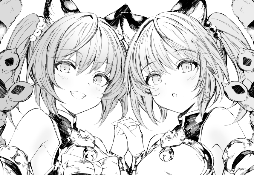 2girls animal_ears bai_(granblue_fantasy) bare_shoulders granblue_fantasy highres holding_hands huang_(granblue_fantasy) looking_at_viewer medium_hair monochrome monogrbl multiple_girls smile teeth