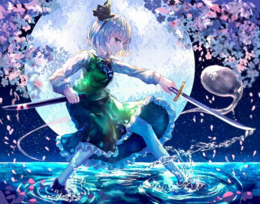 1girl absurdres black_bow black_bowtie black_hairband black_ribbon black_shoes blunt_bangs blush bob_cut bow bowtie cherry_blossoms closed_mouth commentary expressionless falling_petals fighting_stance floating_clothes flower frilled_skirt frills from_side full_body full_moon green_eyes green_skirt green_vest grey_hair hairband highres holding holding_sword holding_weapon katana konpaku_youmu konpaku_youmu_(ghost) light_particles long_sleeves looking_at_viewer mary_janes moon night night_sky outdoors petals pink_flower profile ribbon ripples shirt shoes short_hair skirt sky solo standing suzushina sword touhou twitter_username vest water water_drop weapon white_shirt
