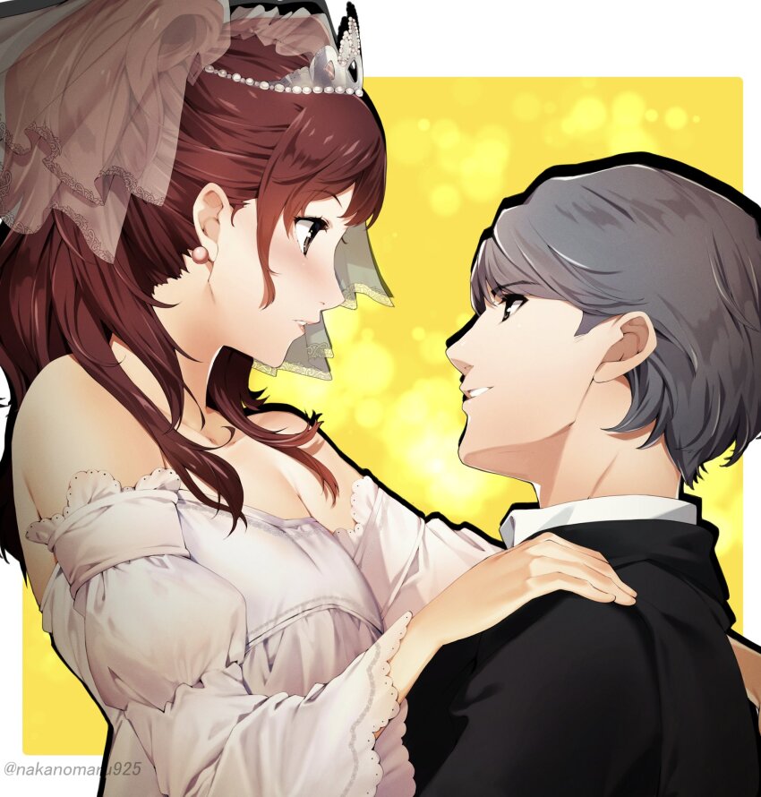 1boy 1girl blush breasts bridal_veil brown_eyes commission detached_sleeves dress earrings grey_hair highres jewelry kujikawa_rise long_hair nakano_maru narukami_yu persona persona_4 skeb_commission smile tuxedo veil wedding_dress white_dress
