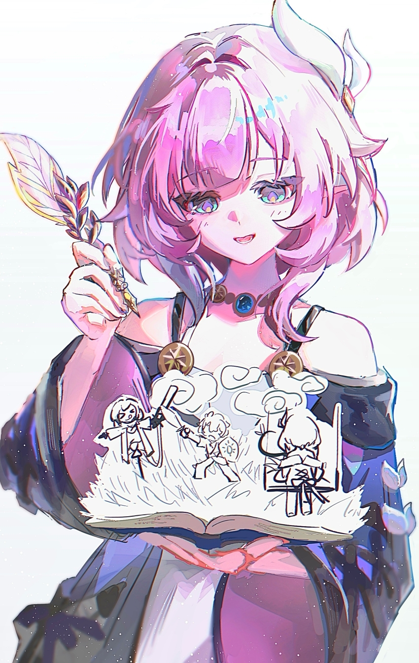 1girl absurdres bare_shoulders blue_eyes book chinese_commentary coat commentary_request cyrene_(aedes_elysiae)_(honkai:_star_rail) cyrene_(honkai:_star_rail) hair_ornament highres holding holding_quill honkai:_star_rail honkai_(series) jewelry necklace open_book parted_lips phainon_(honkai:_star_rail) pink_hair purple_coat quill short_hair simple_background siro_jun solo stelle_(honkai:_star_rail) trailblazer_(honkai:_star_rail) white_background