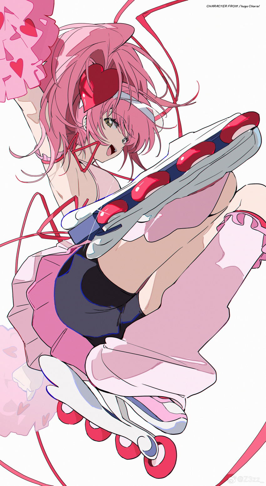 1girl absurdres amulet_heart armpits cheering cheerleader commentary_request english_text frilled_arm_strap frills highres hinamori_amu holding holding_pom_poms loose_socks miniskirt pink_hair pom_pom_(cheerleading) pom_poms ribbon roller_skates shorts shorts_under_skirt shugo_chara! skates skirt socks solo visor_cap watermark weibo_watermark white_background z3zz4